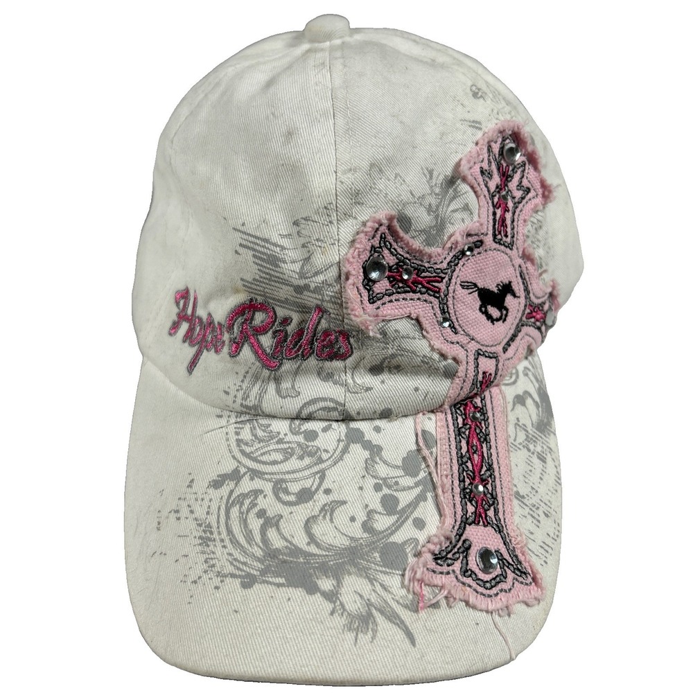 Hope Rides Cross Rhinestones Hat Distressed Cap Western Rodeo Cowgirl White Pink